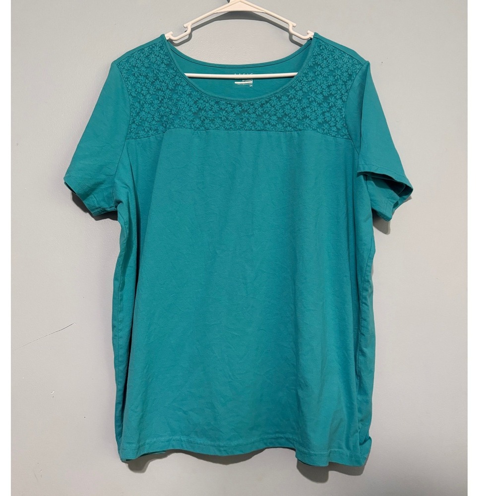 Basic Editions‎ Woman's 2X Teal Blue Lace Yoke Short Sleeve Knit Top 1741